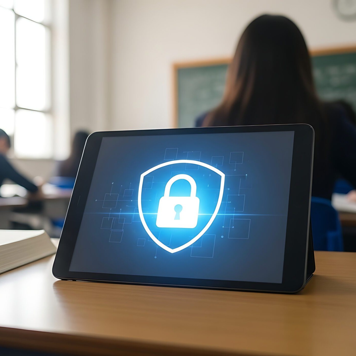 Digital Tablet Displaying Security Lock Icon on Wooden Classroom Desk Symbolizing Cyber Online Data Protection and Educational Privacy Safeguard